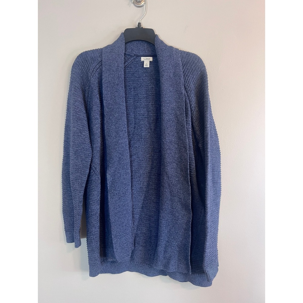 LL Bean Blue Cotton Open Front Shawl Collar Cardigan Sweater Petite Large 500603